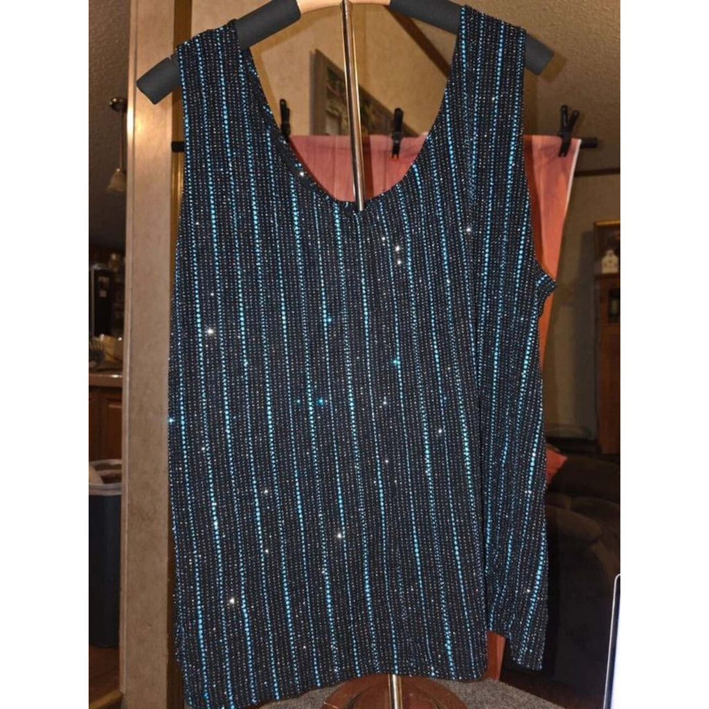 Onyx Nite Women’s 3X Black & Blue Glitter Sparkle Twin Set - 2Pc Layered Blouse