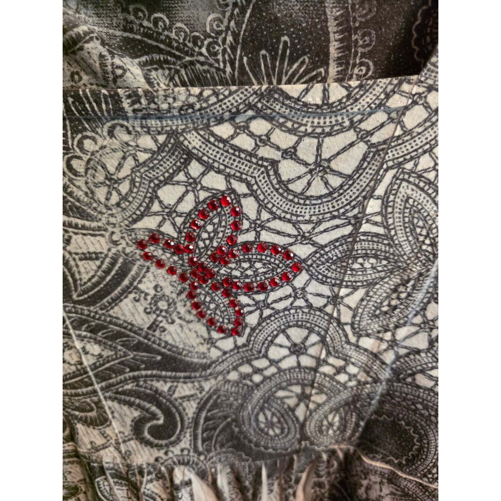 Fashion Bug Women's 2X Black and White Paisley 3/4 Sleeve Rhinestone Embellished