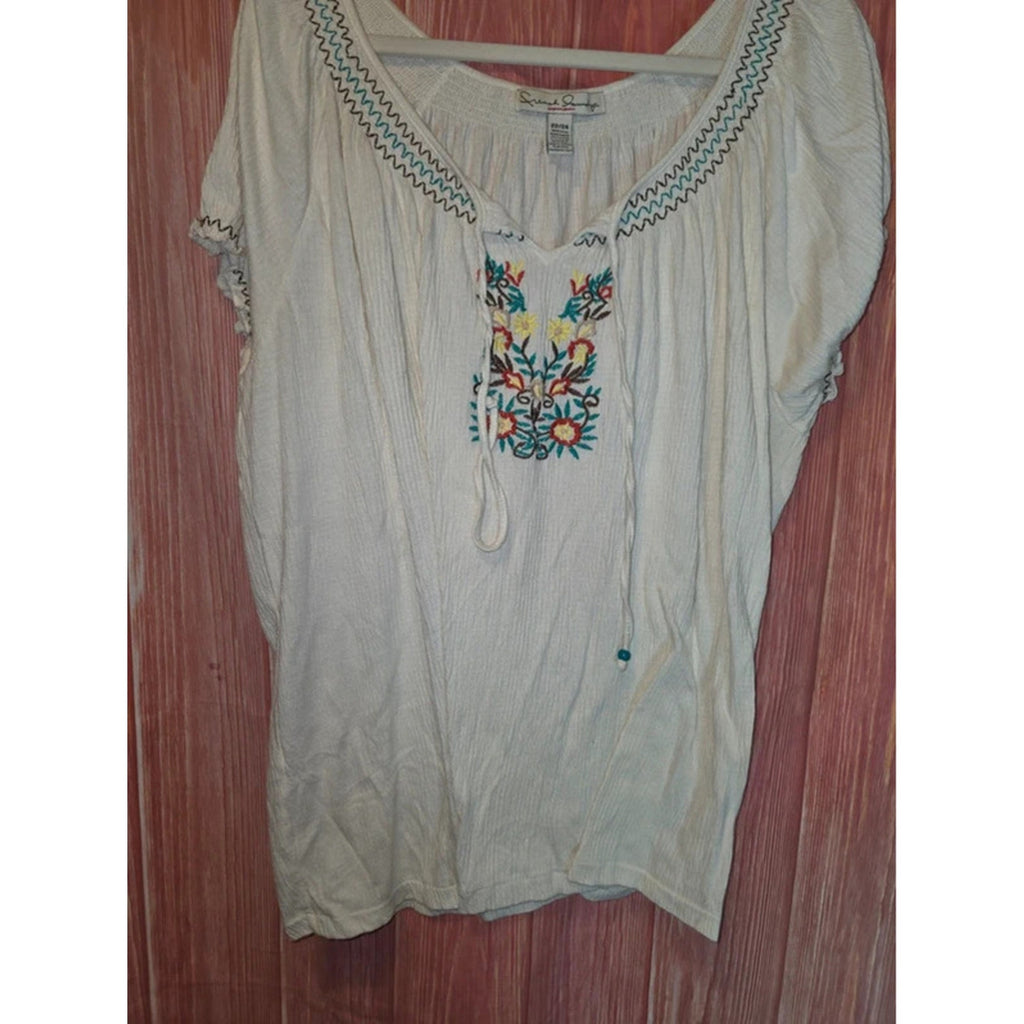 French Laundry Woman Cream Floral Embroidered Peasant Top 22/24 Plus