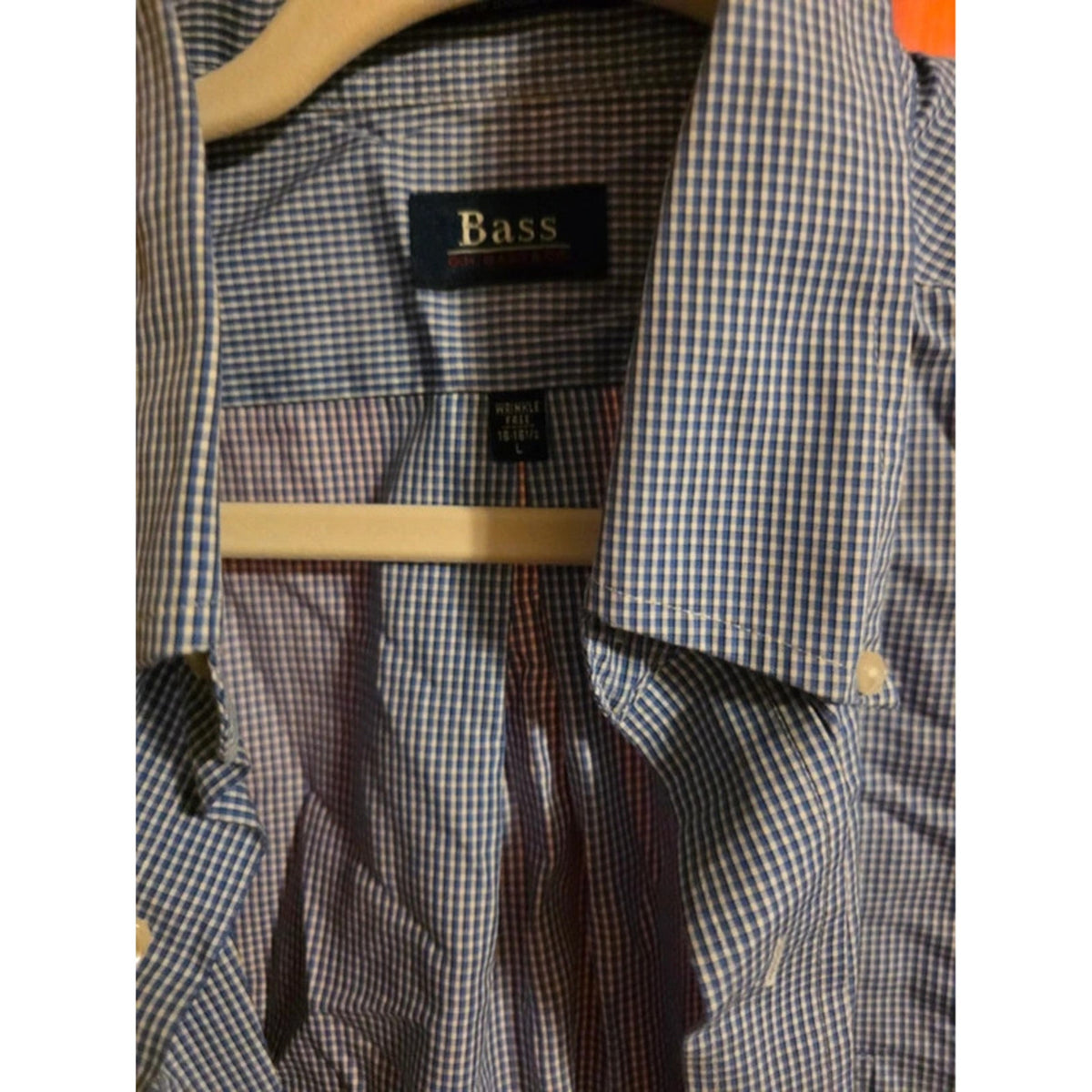 GH Bass Mens Large Button Down Shirt Long Sleeve Blue Micro Gingham 16-16.5