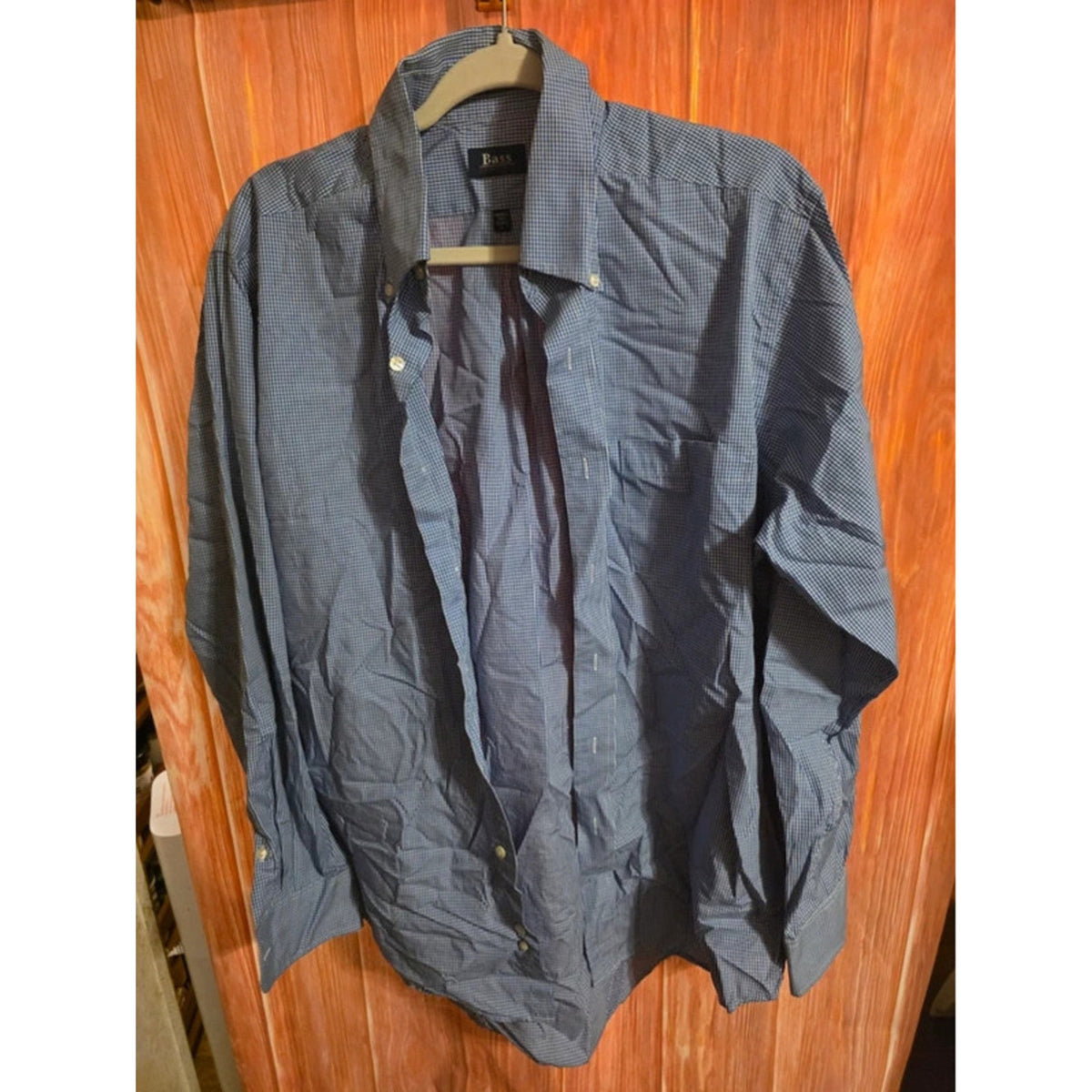 GH Bass Mens Large Button Down Shirt Long Sleeve Blue Micro Gingham 16-16.5