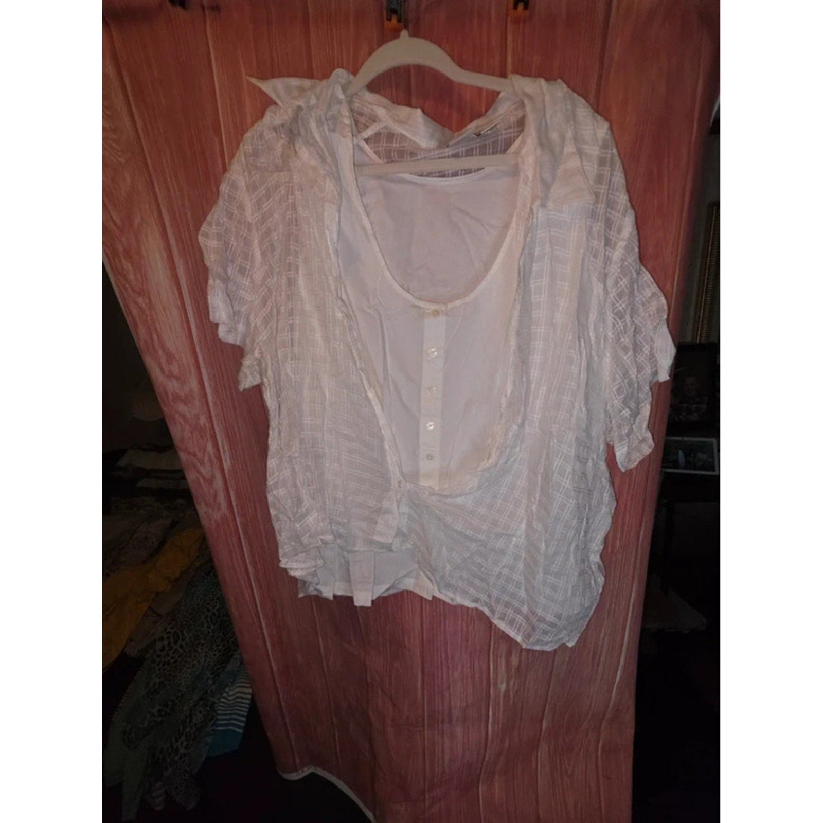 Carolina Colours Plus White Sheer Plaid Layered 2-in-1 Button Top 26W Cotton