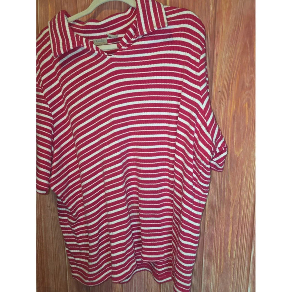 Fiorlini International Plus Red White Striped Johnny Collar Ribbed Top 26/28