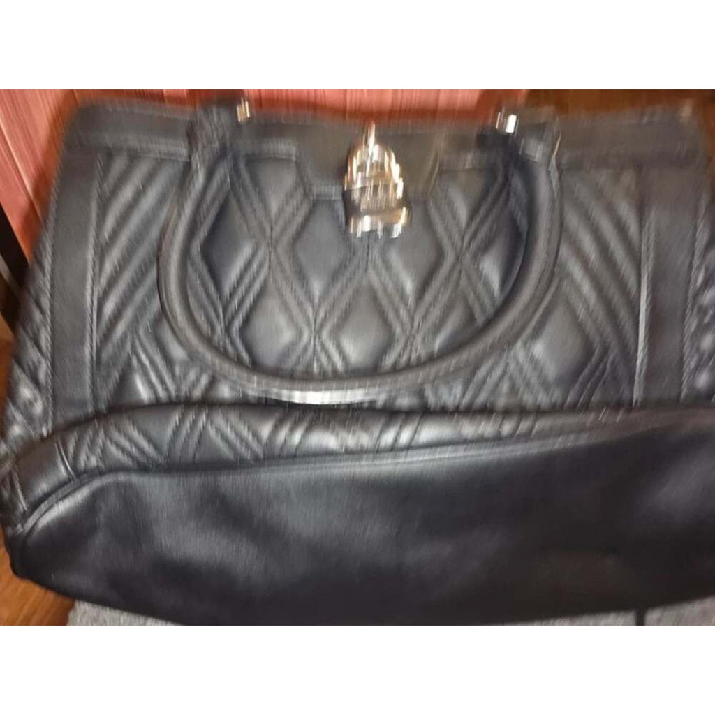 Guess Black Quilted Faux Leather Padlock Satchel Tote Bag Leopard Cheetah Lining