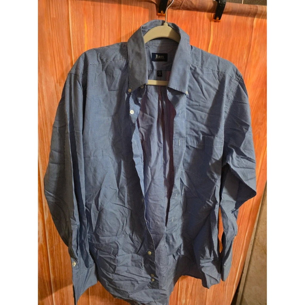 GH Bass Mens Large Button Down Shirt Long Sleeve Blue Micro Gingham 16-16.5