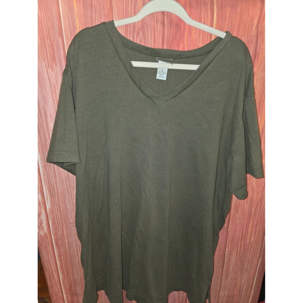 Fashion Bug Vintage Textured Knit V-Neck T-Shirt Top Olive Army Green 3X