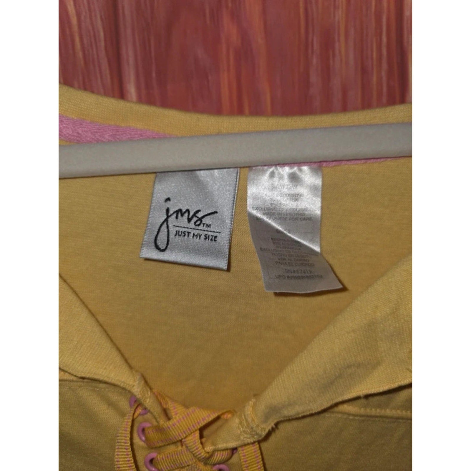JMS Just My Size Yellow Lace Up V-Neck T-Shirt Top Pink Accents 30/32
