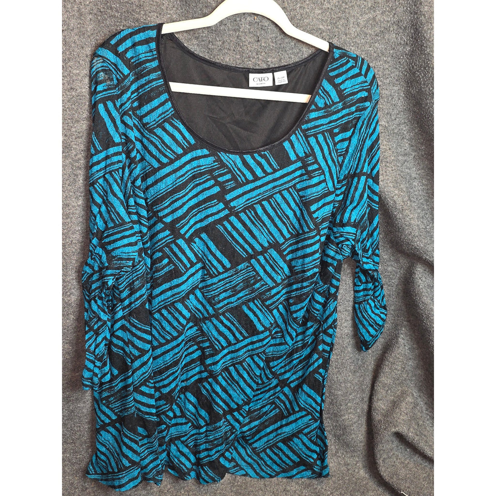 Cato Womens 26/28 Plus Geometric Textured Knit Top 3/4 Ruched Sleeve Teal Black