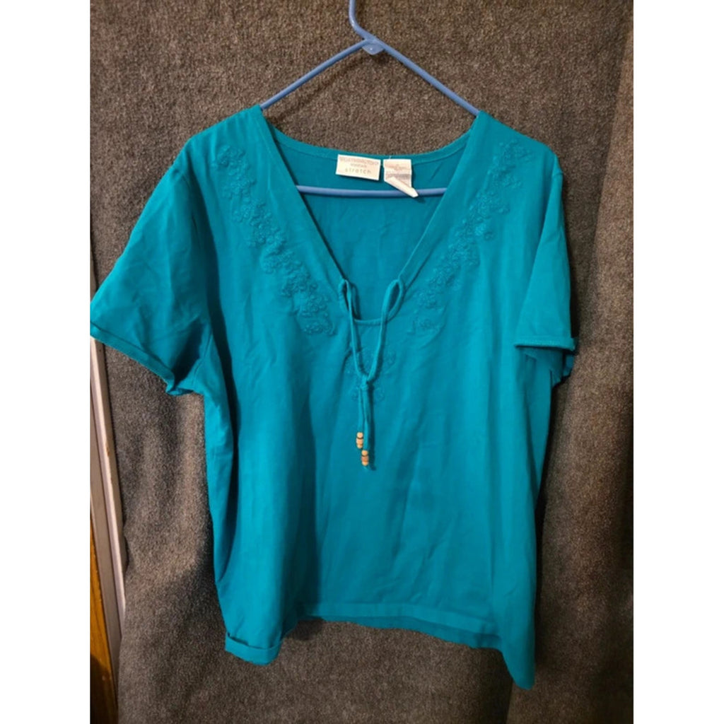 Worthington Woman 2X Turquoise Blue Embroidered Beaded Tie V-Neck Stretch Top