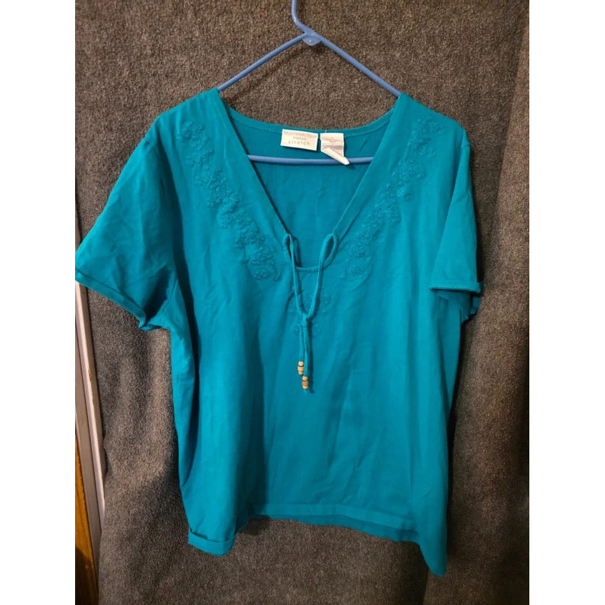 Worthington Woman 2X Turquoise Blue Embroidered Beaded Tie V-Neck Stretch Top