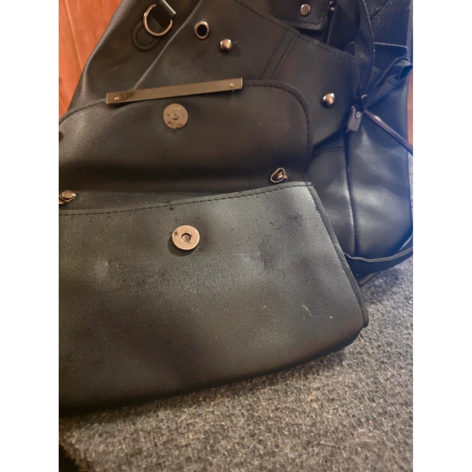 2 Pc Black Faux Leather Slouchy Bucket Shoulder Tote  & Matching Envelope Clutch