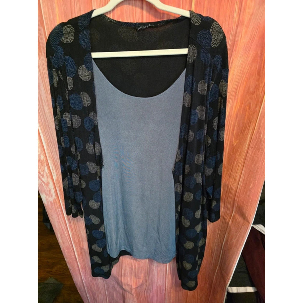 2-in-1 3X Layer Cardigan Top Abstract Swirl Dot Print Slate Blue Black Draped Tunic