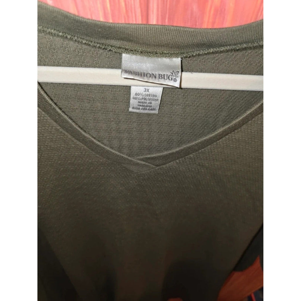 Fashion Bug Vintage Textured Knit V-Neck T-Shirt Top Olive Army Green 3X