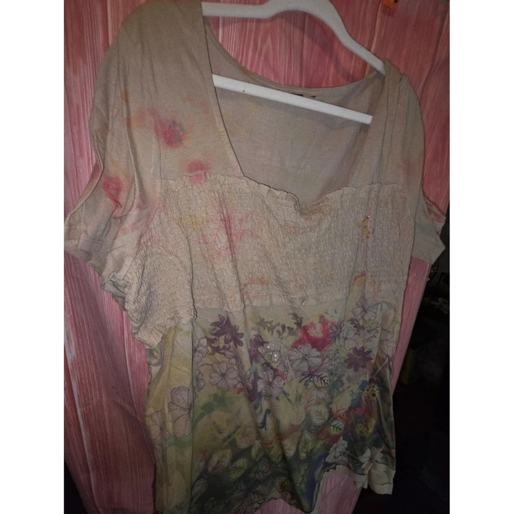 Boho 2X Smocked Bodice Floral Rhinestone Cold Shoulder Tunic Top Plus