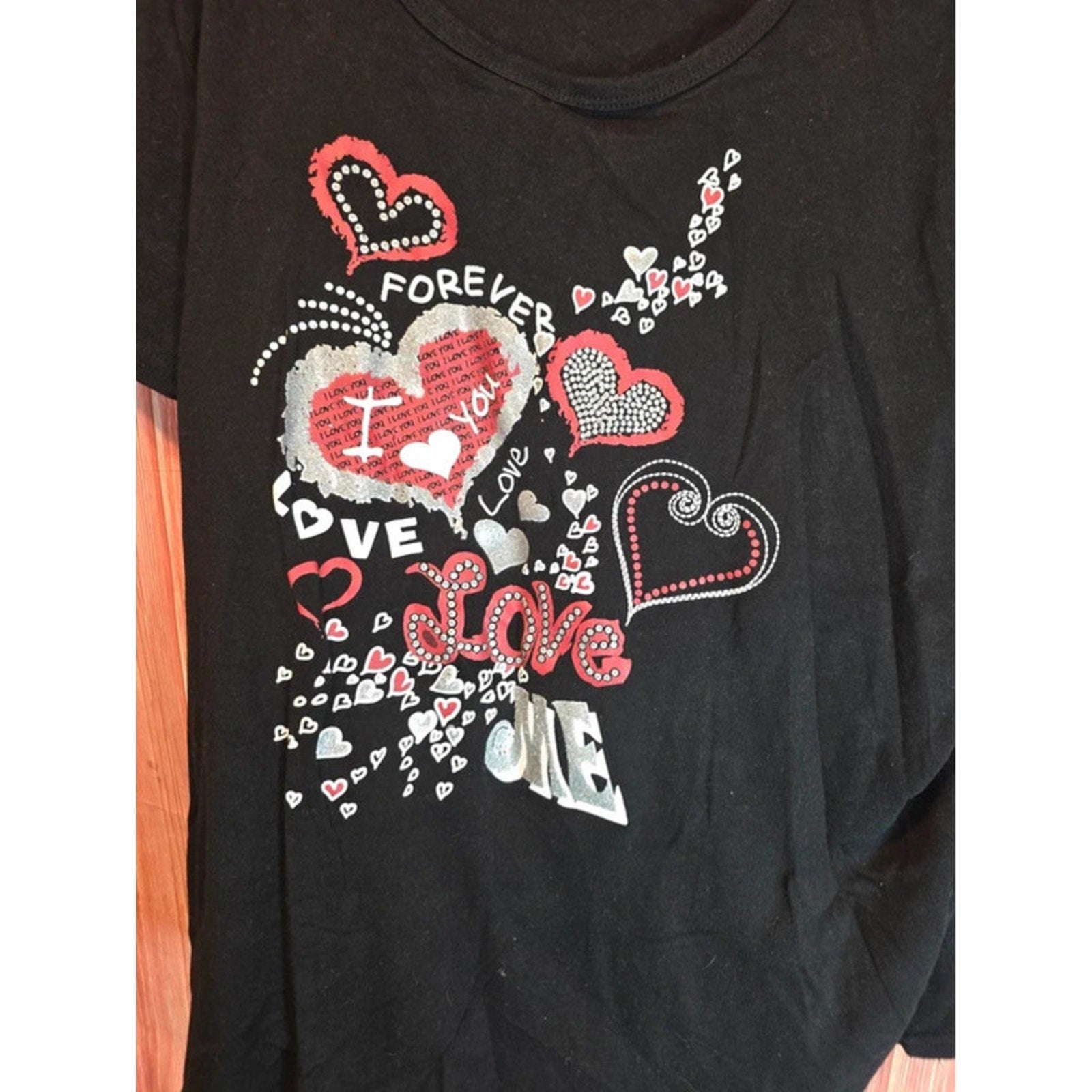 LA Blues Black Glitter Love Hearts Graphic Scoop Neck T-Shirt 4X Made in USA