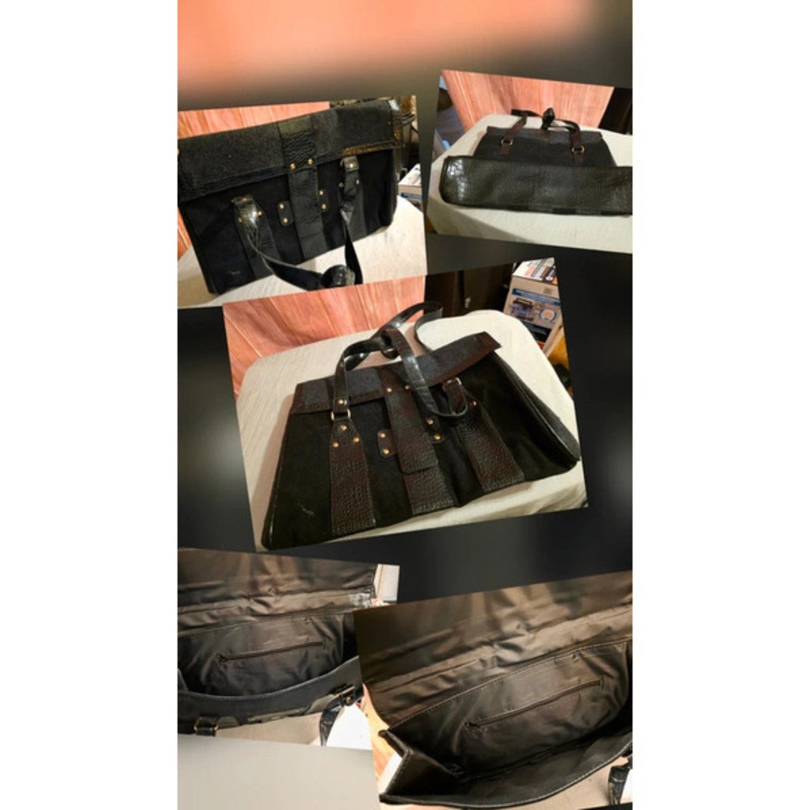 Vintage Black Mixed Material Satchel Bag - Faux Croc & Felt Details