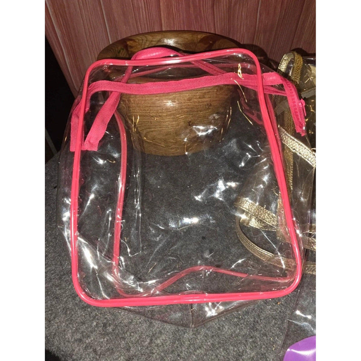 3 Clear Vinyl Stadium & Cosmetic Bags Gold Metallic Tote Pink Trim Case Purple