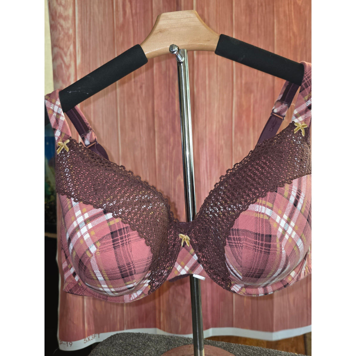 NWOT Cacique Lane Bryant Balconette Bra 46C Pink Brown Plaid Lace Underwire $65