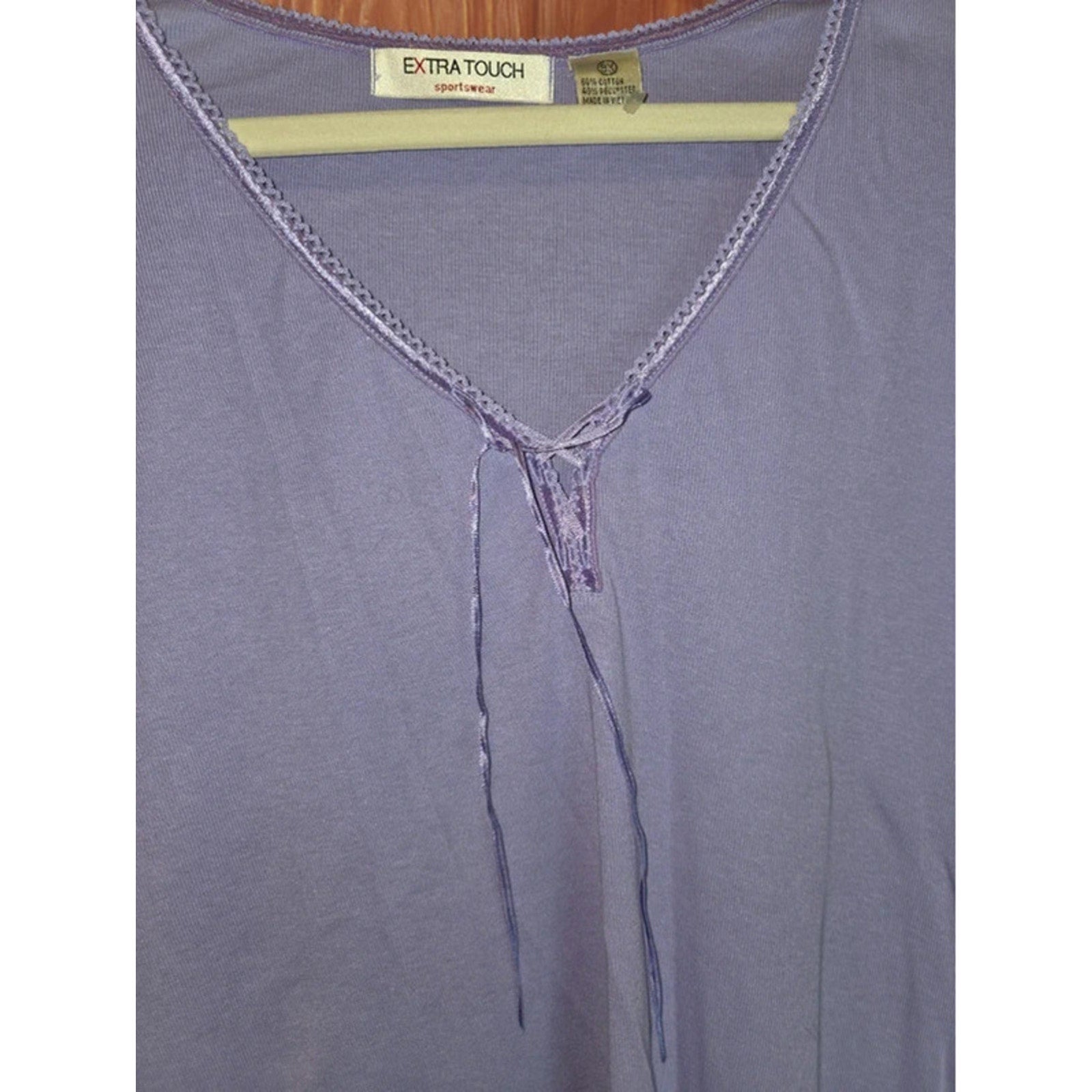 Extra Touch Sportswear Lavender Purple Ribbon Lace V-Neck Top 3X Plus