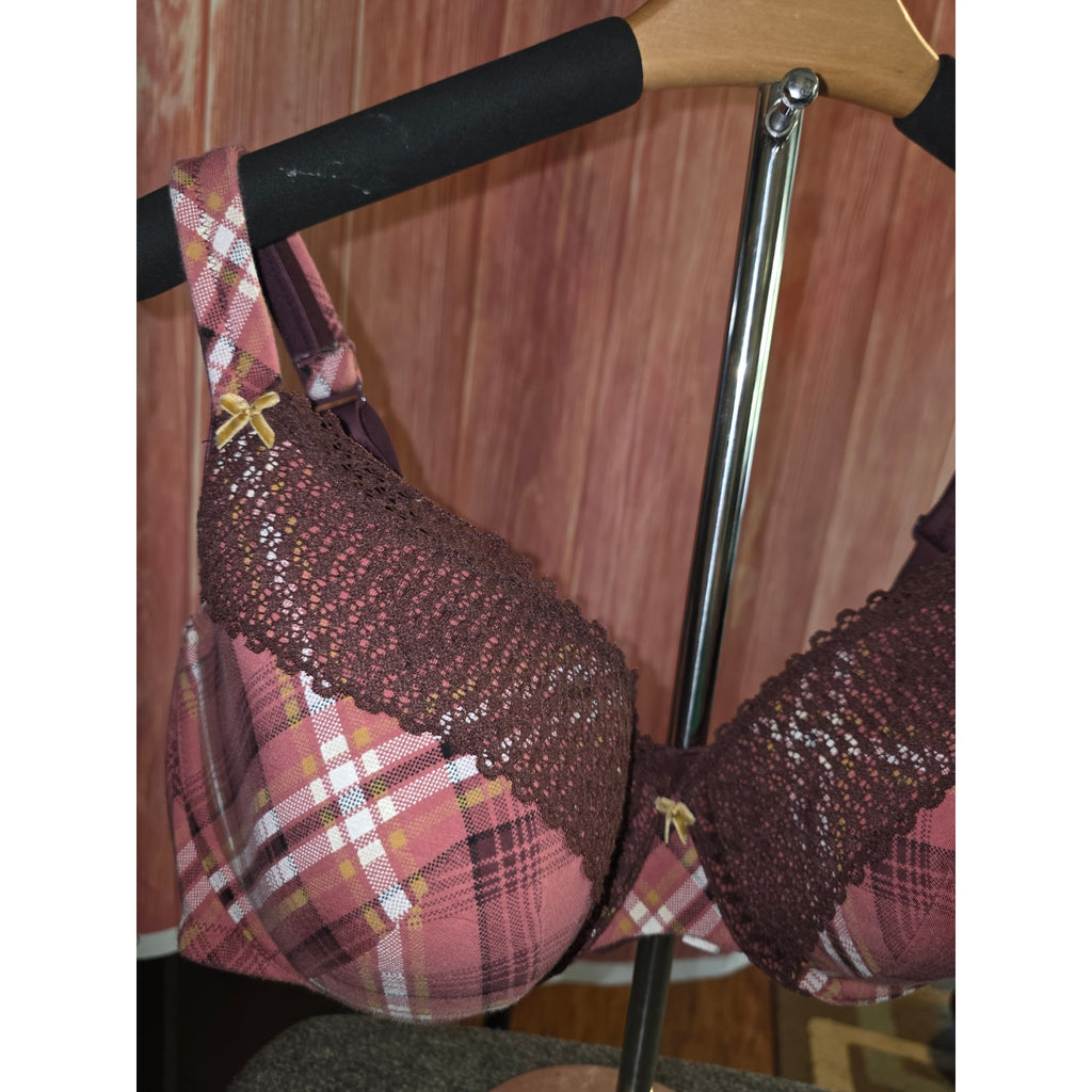 NWOT Cacique Lane Bryant Balconette Bra 46C Pink Brown Plaid Lace Underwire $65