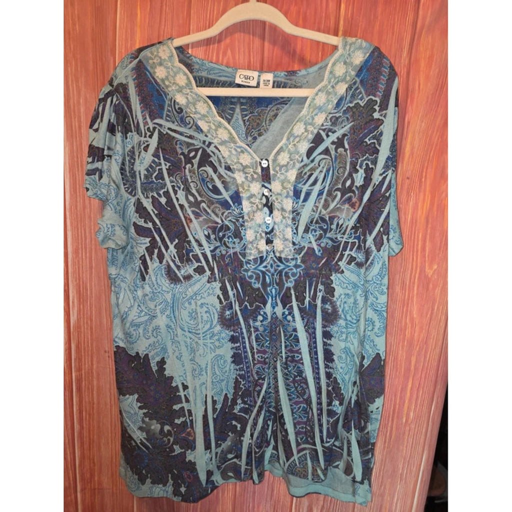 Cato Woman Teal Blue Paisley Henley Lace Trim Short Sleeve Top 26/28W
