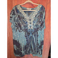 Cato Woman Teal Blue Paisley Henley Lace Trim Short Sleeve Top 26/28W
