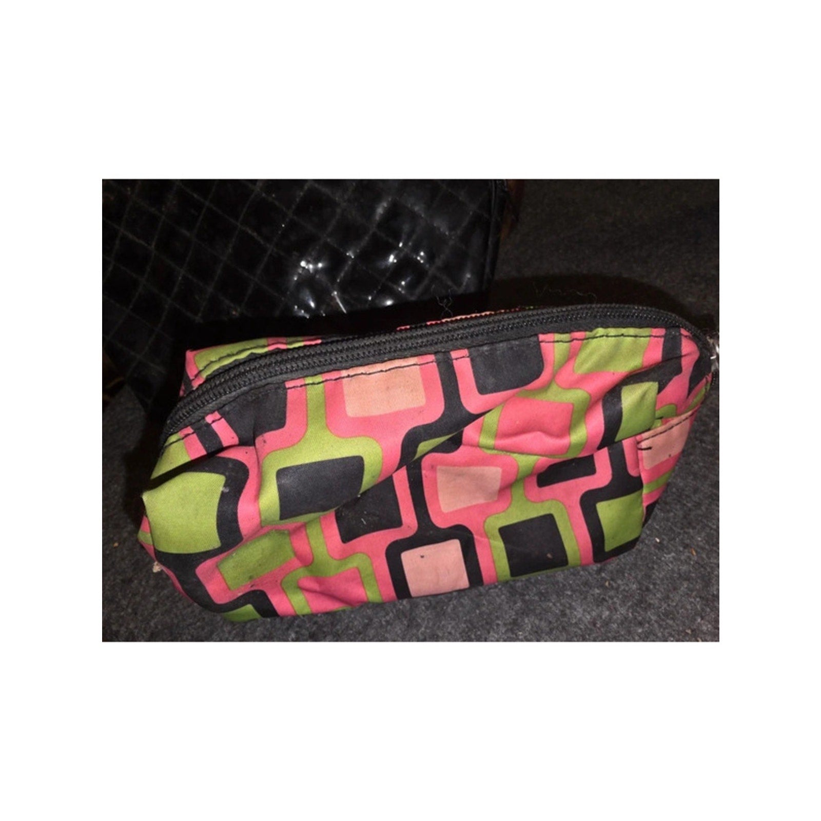 2 Makeup Bags Retro Mod Geometric Print Nylon & Black Quilted Patent Dome Pouch