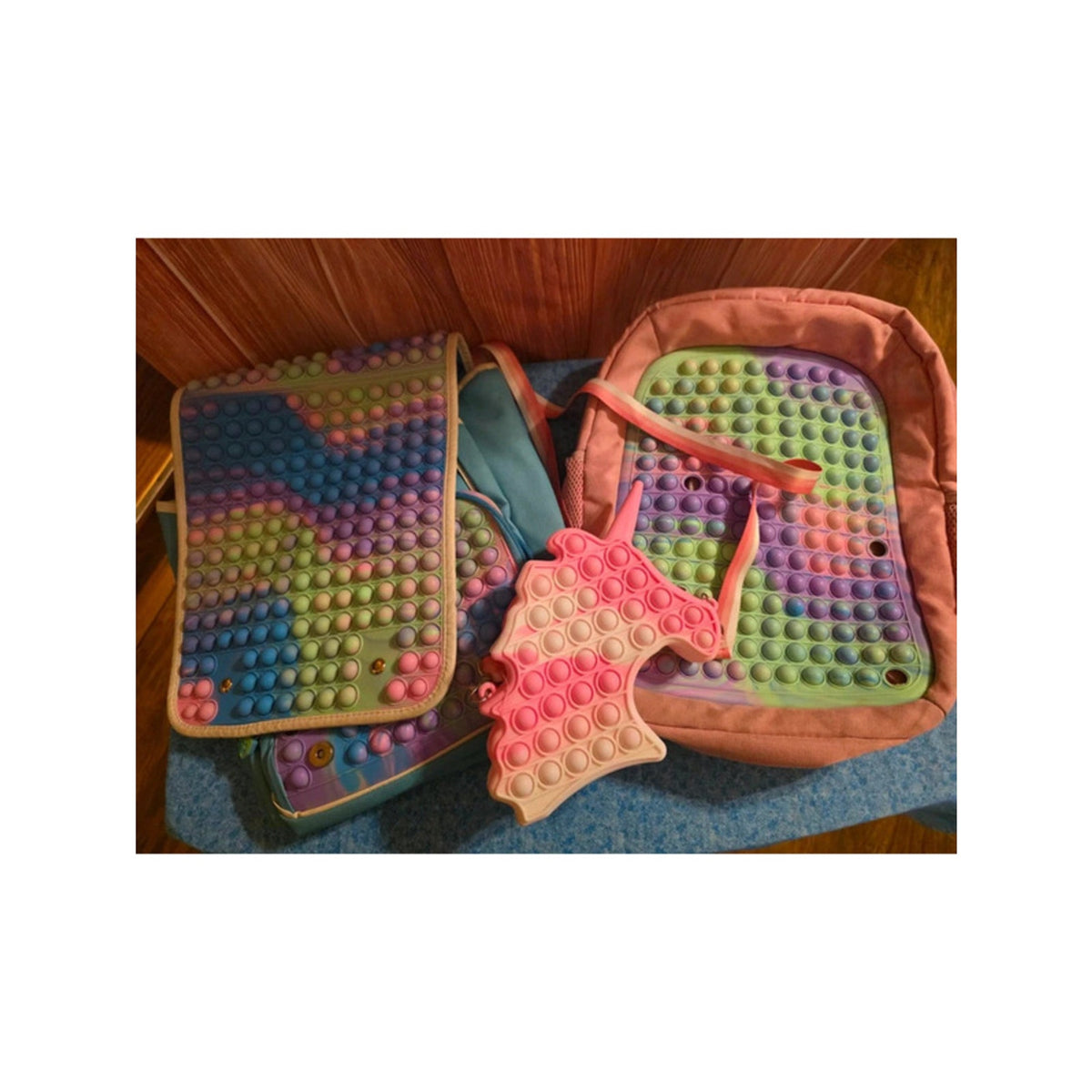 3 Piece Pop It Fidget Bag Set Backpack Crossbody Unicorn Pastel Rainbow Sensory