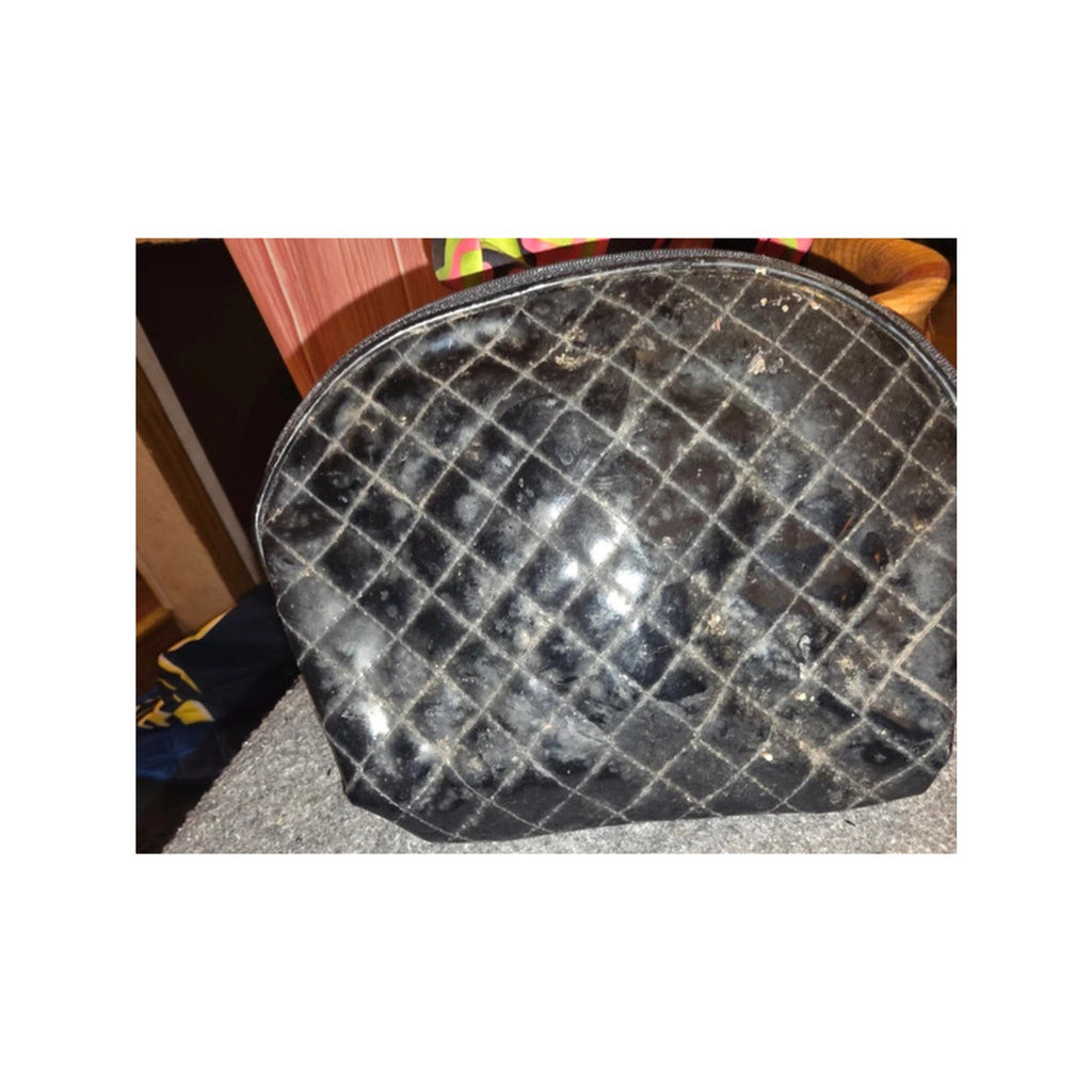 2 Makeup Bags Retro Mod Geometric Print Nylon & Black Quilted Patent Dome Pouch