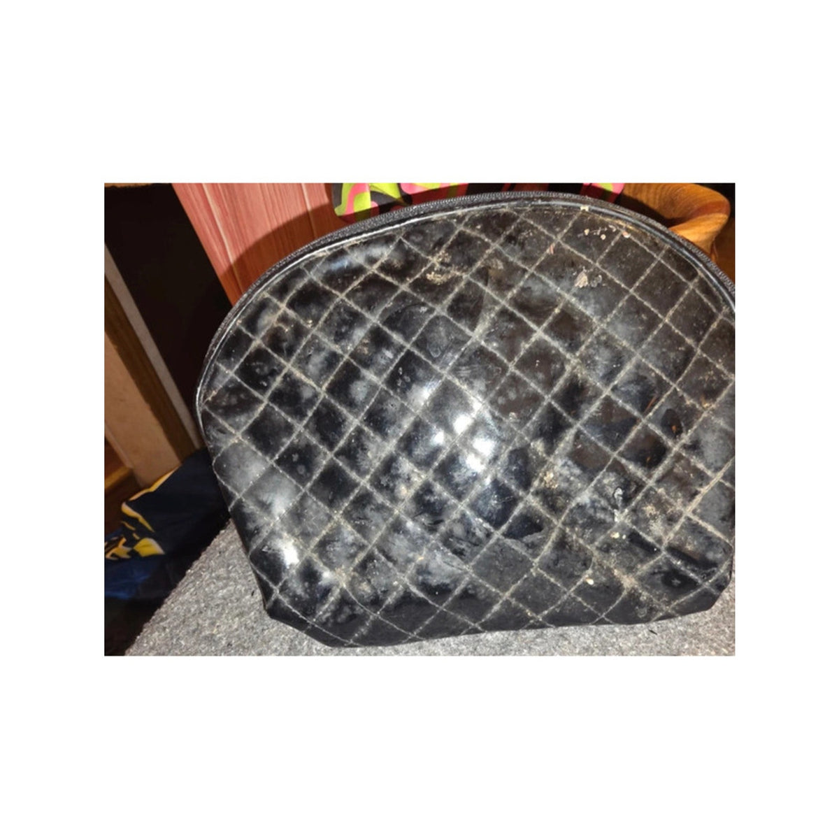 2 Makeup Bags Retro Mod Geometric Print Nylon & Black Quilted Patent Dome Pouch