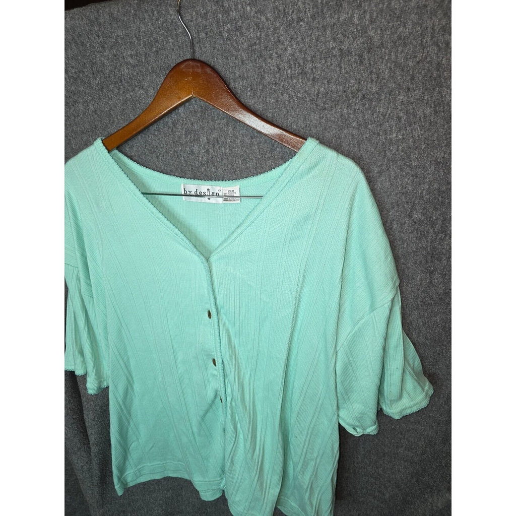 by design Mint Green Ribbed Button-Up Top Size 24