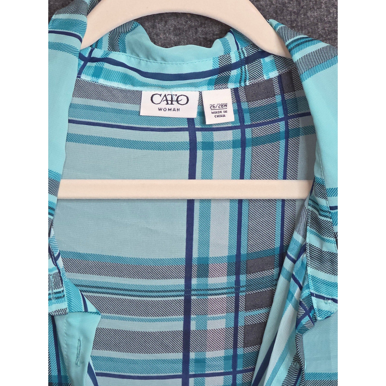 Cato Womens 26/28W Sheer Plaid Tunic Blouse Roll Tab Sleeve Aqua Teal Blue Casual