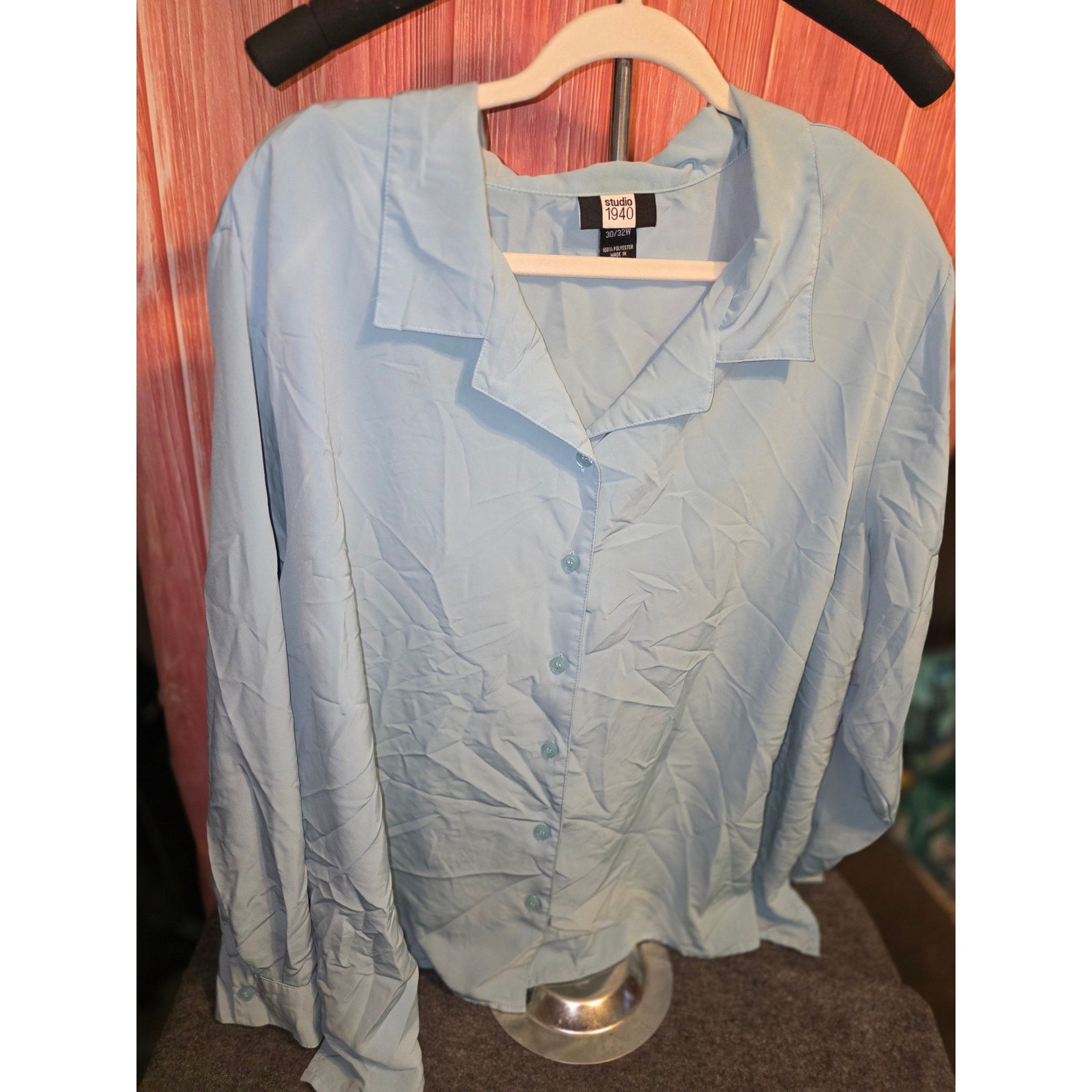 Studio 1940 Womens 30/32W Light Blue Button Down Blouse Long Sleeve Camp Collar