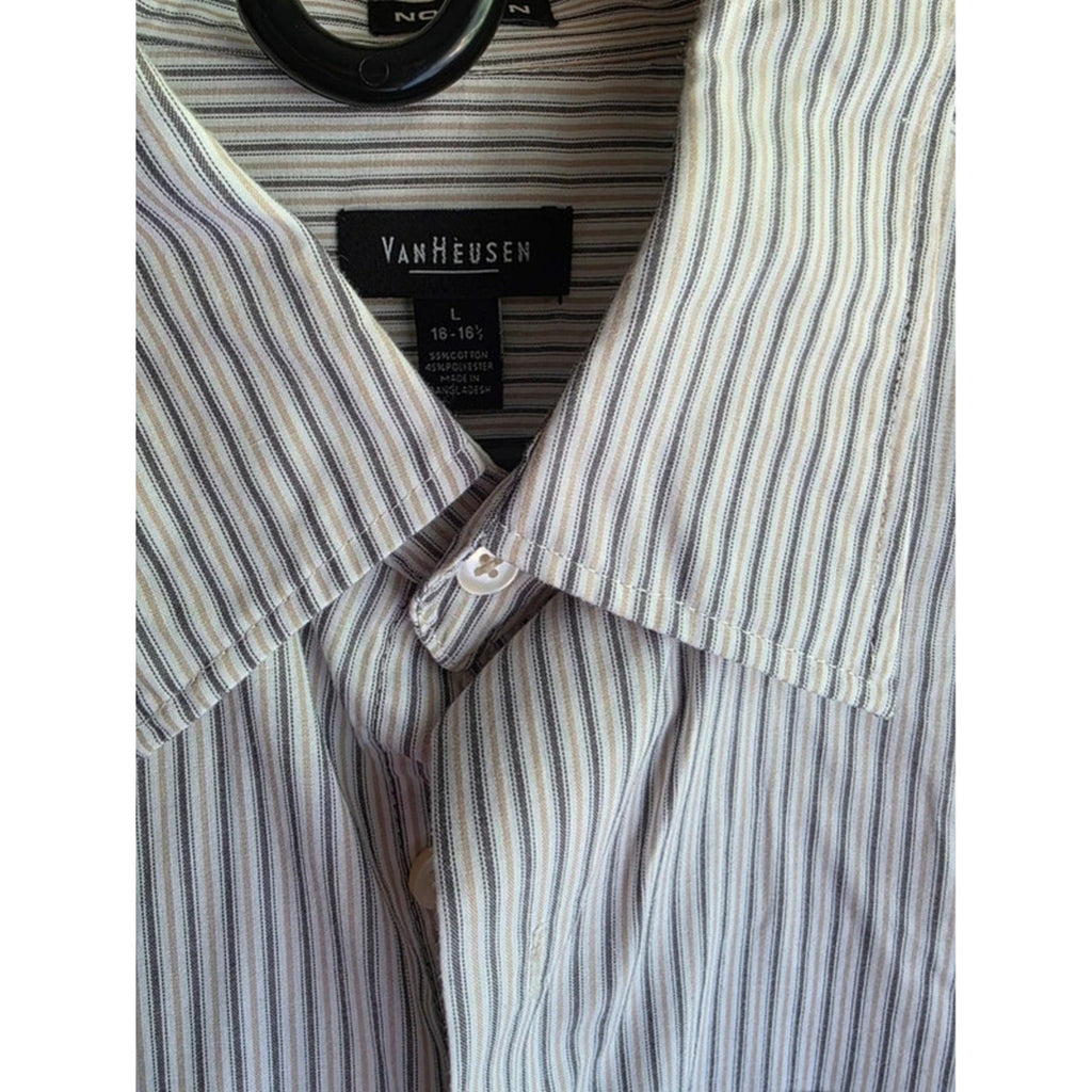 Van Heusen Mens Large 16-16.5 Striped Long Sleeve Dress Shirt Brown Beige