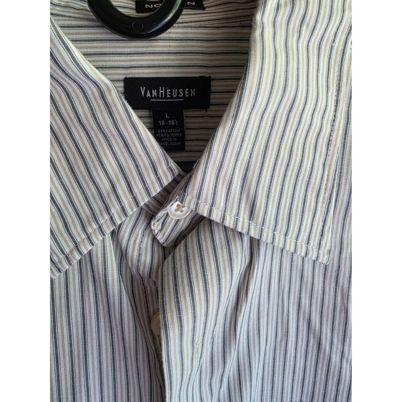 Van Heusen Mens Large 16-16.5 Striped Long Sleeve Dress Shirt Brown Beige