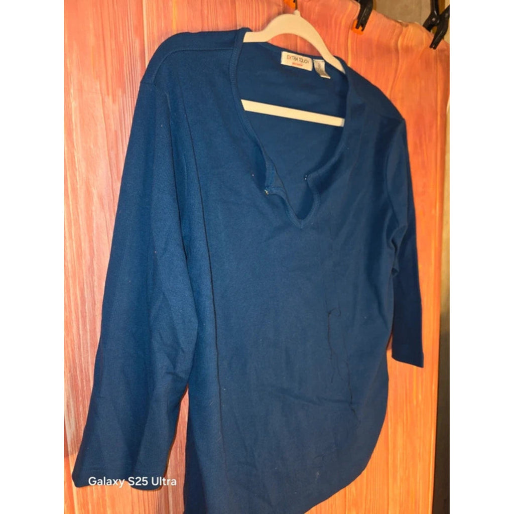 Extra Touch Sportswear Ribbed Knit Split Neck Top 3X Navy Blue
