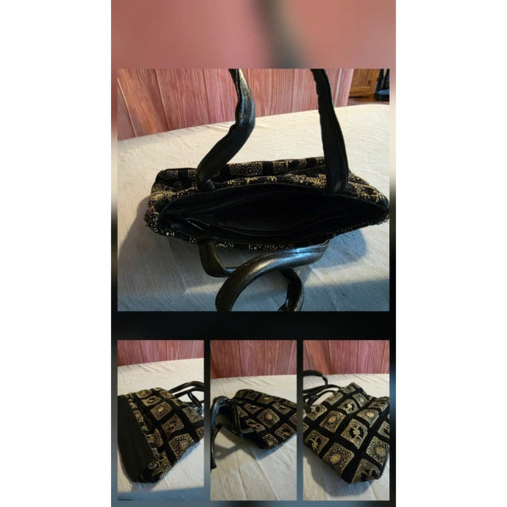 Vintage Black & Gold Tapestry Jacquard Mini Handbag - Metallic Fleur-de-Lis