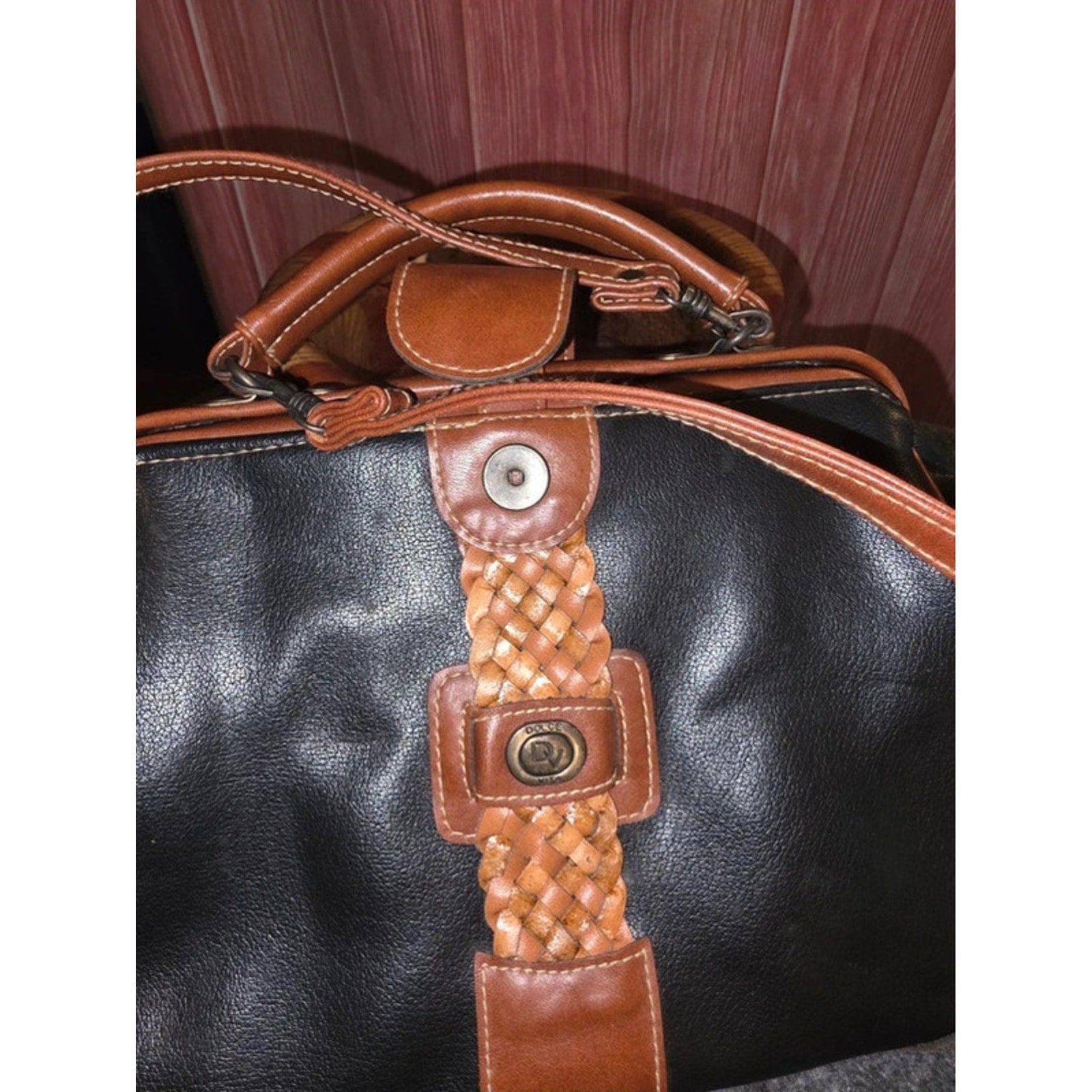 Vintage Jackson Black Cognac Doctor Hinged Frame Woven Strap Plaque Top Handle