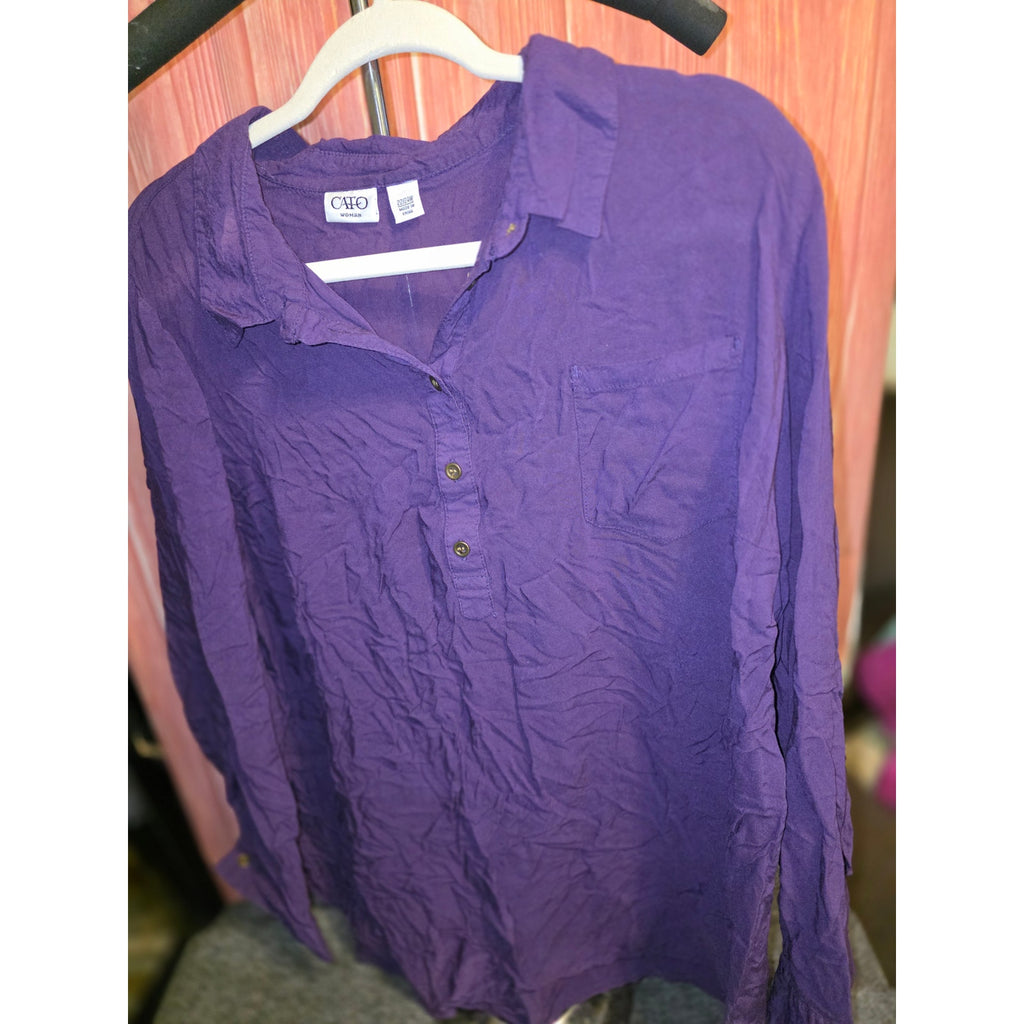 Cato Womens 22/24W Purple Henley Shirt Long Sleeve Pocket Roll Tab Casual Blouse