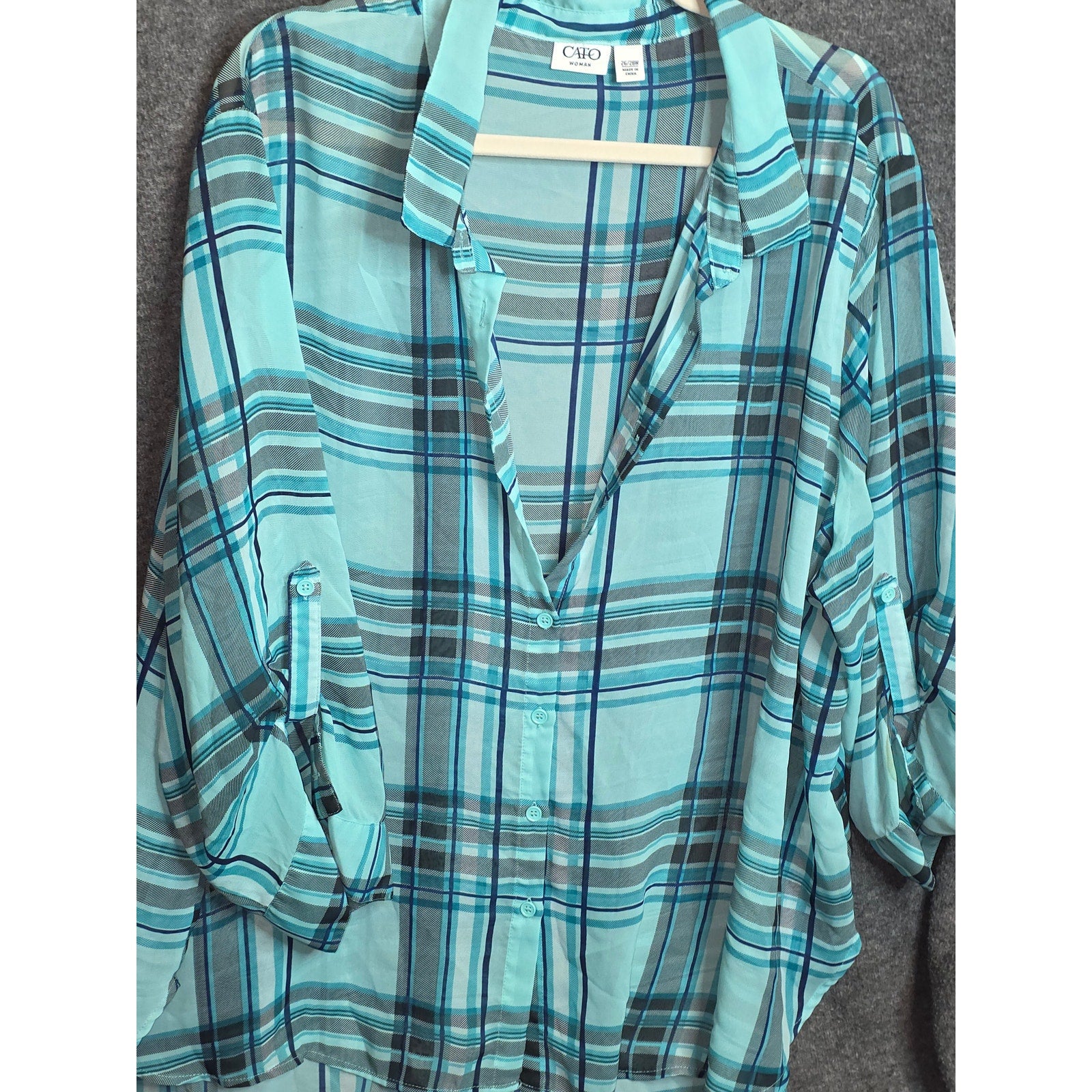 Cato Womens 26/28W Sheer Plaid Tunic Blouse Roll Tab Sleeve Aqua Teal Blue Casual