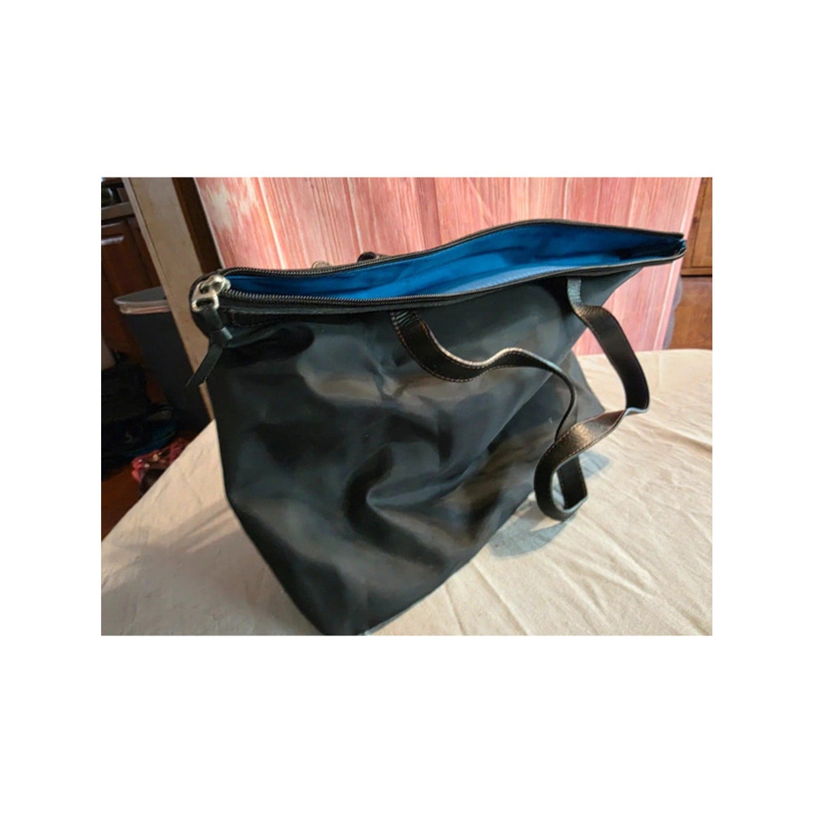 Boots 'N Bags Black Nylon & Genuine Leather Tote - Bright Blue Lining