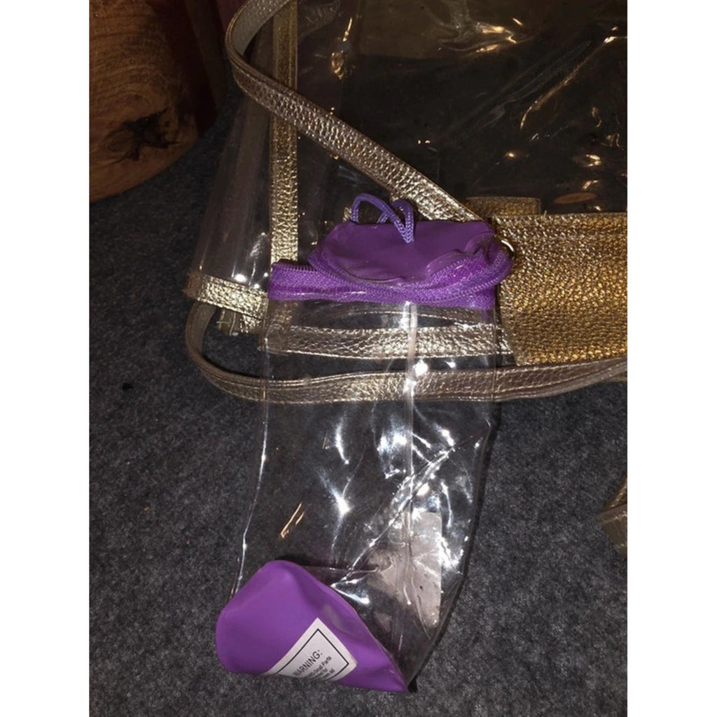 3 Clear Vinyl Stadium & Cosmetic Bags Gold Metallic Tote Pink Trim Case Purple