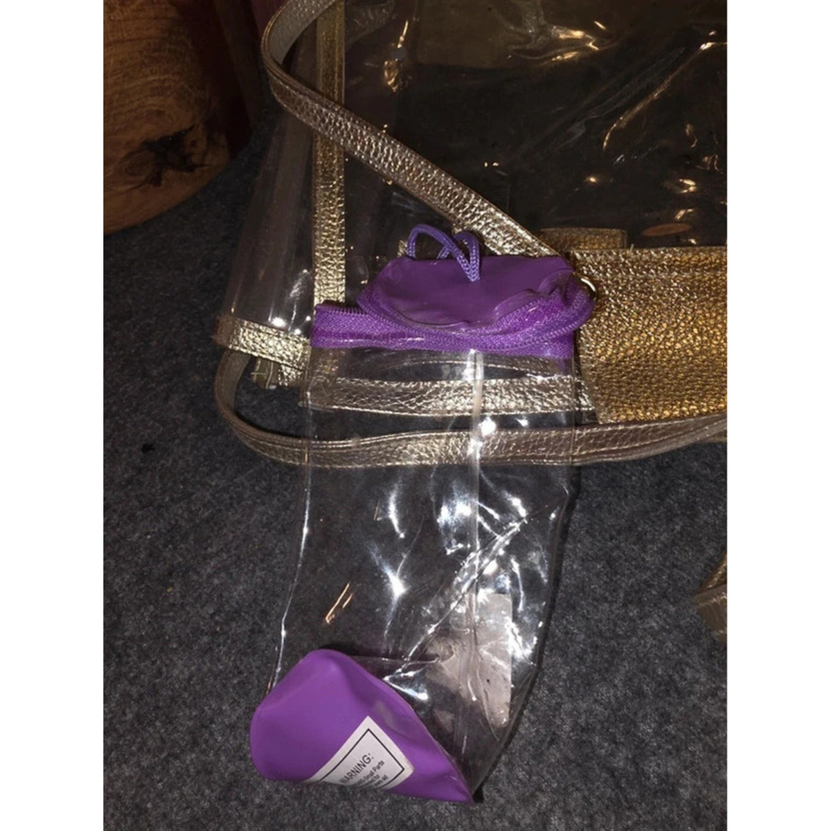 3 Clear Vinyl Stadium & Cosmetic Bags Gold Metallic Tote Pink Trim Case Purple