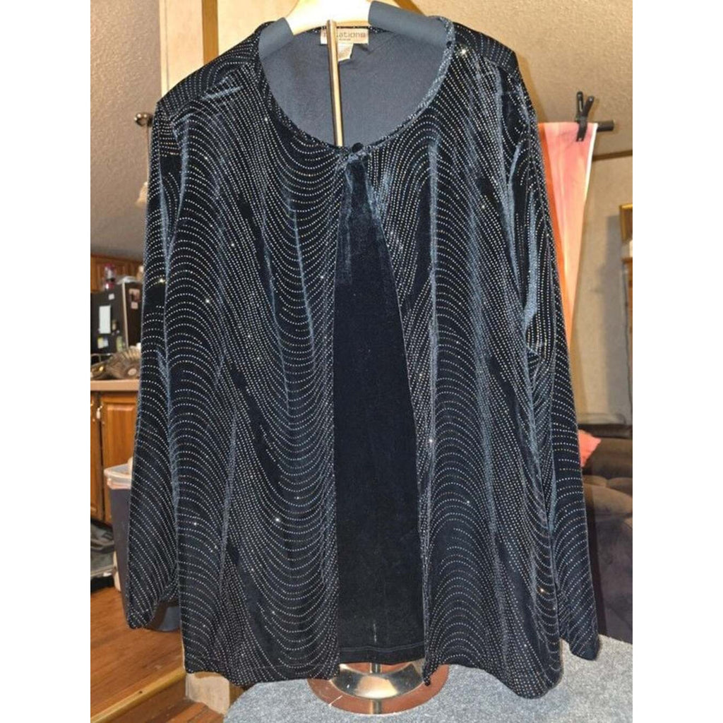 Notations Woman Plus Size 3X Black Velvet Twin Set with Gold Glitter Waves