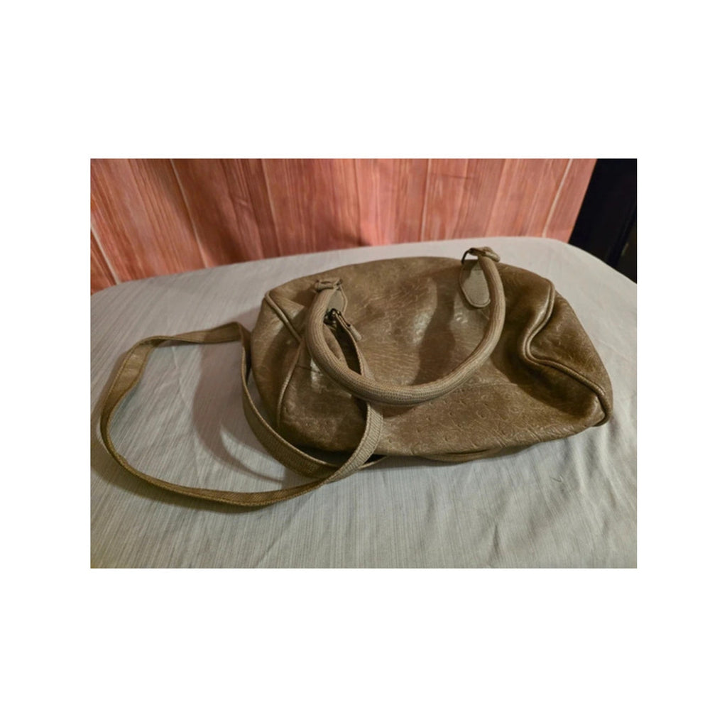 Vintage Y2K Taupe Textured Crossbody Satchel - Brass Details & Double Handles