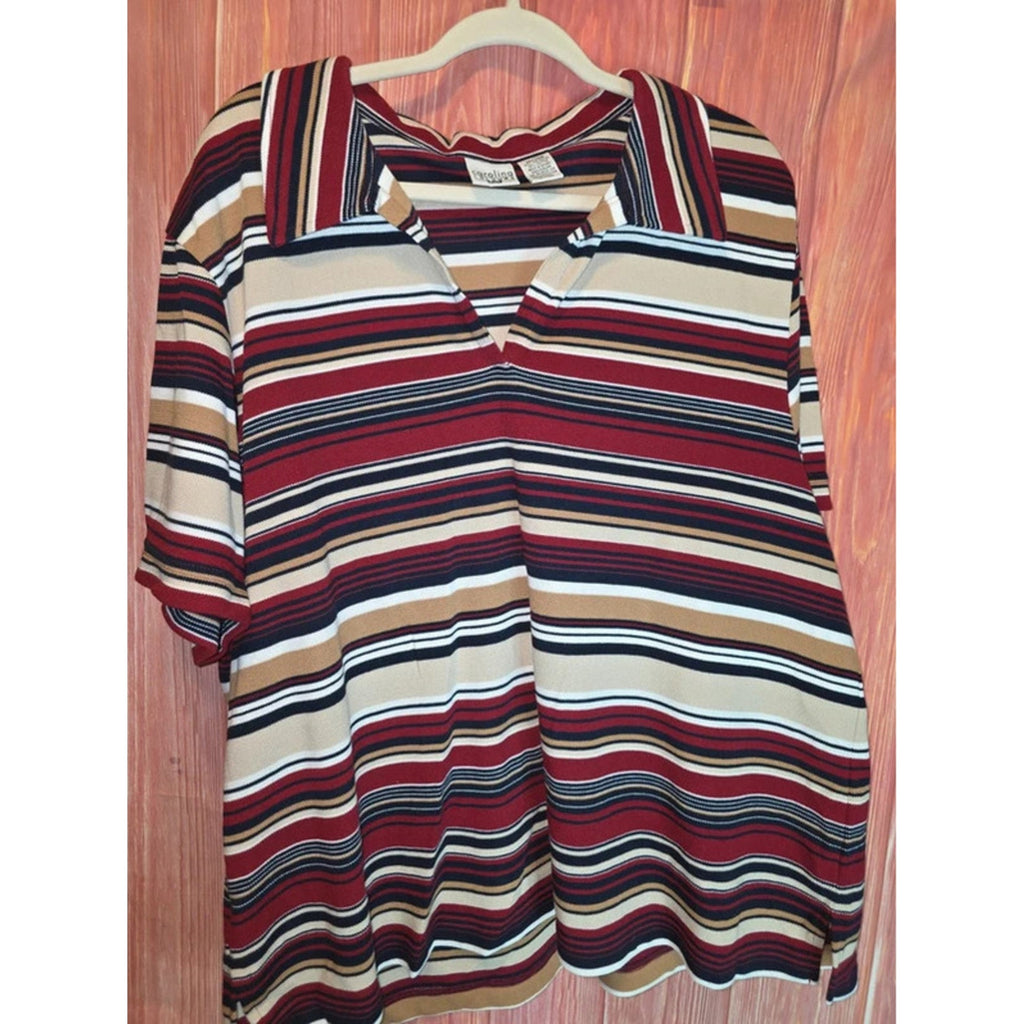 Carolina Colours Plus Burgundy Navy Tan Striped Johnny Collar Polo Top 26/28W