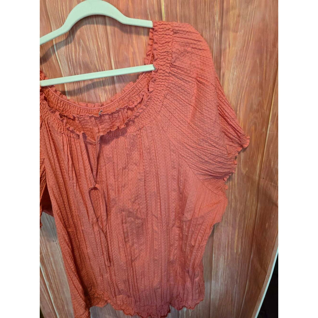 Fashion Bug Women's Coral Short Sleeve Smocked Ruffle Neck Tie Front Blouse