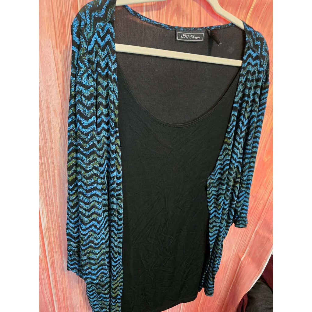 CM Shapes Women's Blue And Black Geometric Chevron Open Front Shrug Cardigan Top