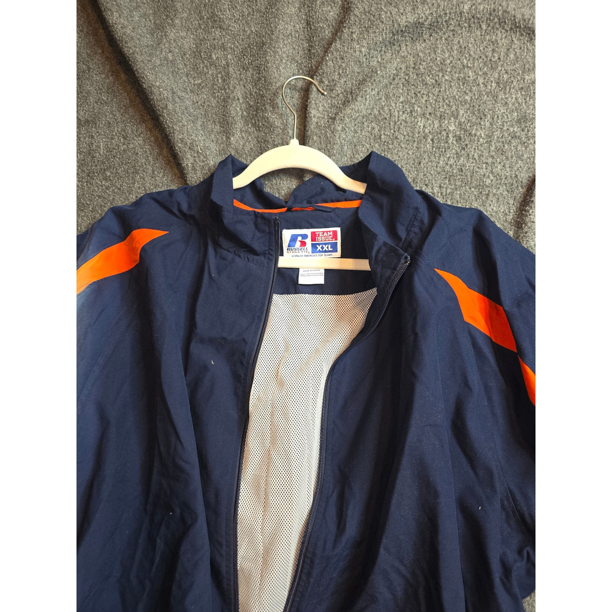 Russell Athletic Team Issue Windbreaker Warm Up Jacket XXL Navy Orange Mesh Line