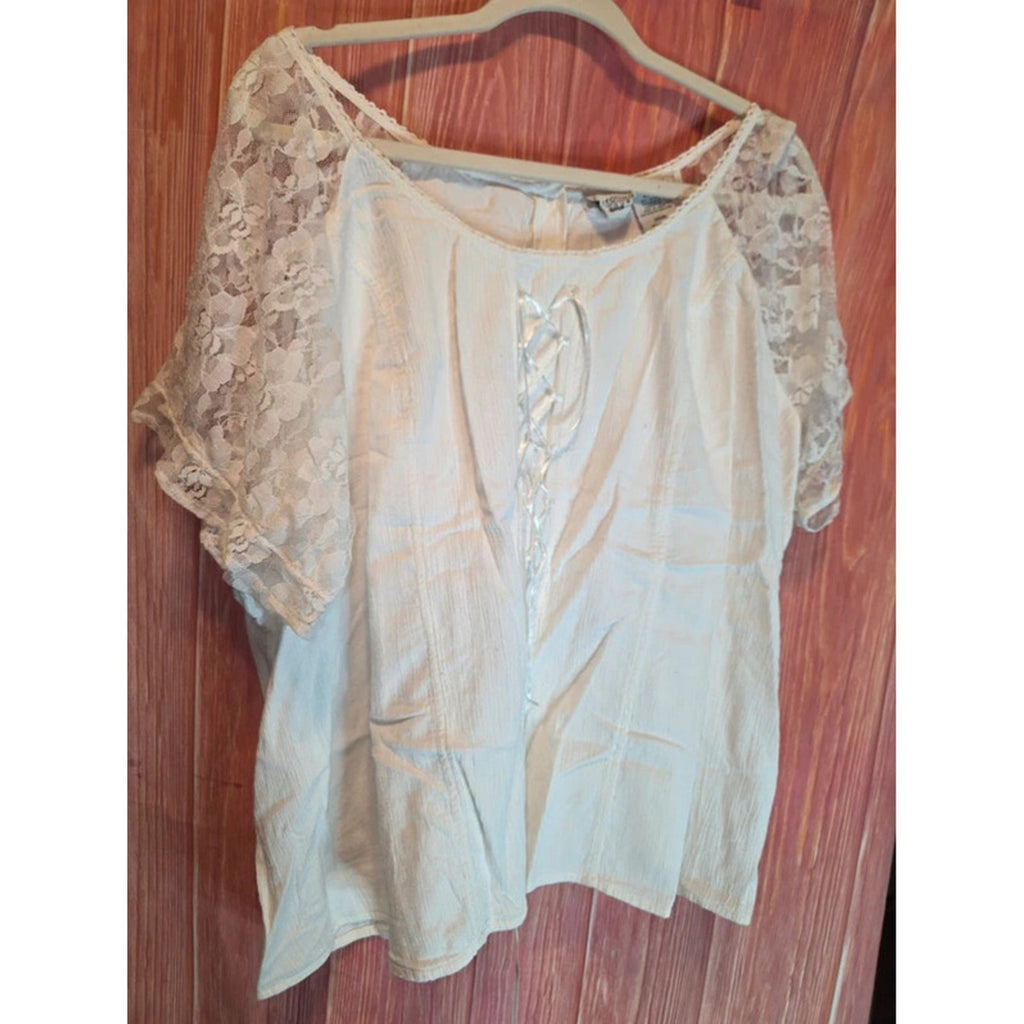 Carolina Colours Plus White Lace Sleeve Corset Tie Peasant Top 26W Cotton
